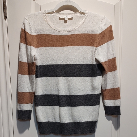 LOFT Sweaters - LOFT Women's Striped Crew Neck Sweater - Cream, Brown, and Gray